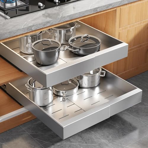 Seinloes 2Pack Expandable Pull Out Cabinet Organizer 21"Deep With Raising Pad for Framed Cabinets, Upgrade 3 Slide Rails Slide Out Drawers,Roll Out Shelves Adhesive,Adjustable Width 12.05"-20.4"Silver - color: Silver, size: 21"D x 12.05"-20.4"W(2Pack)