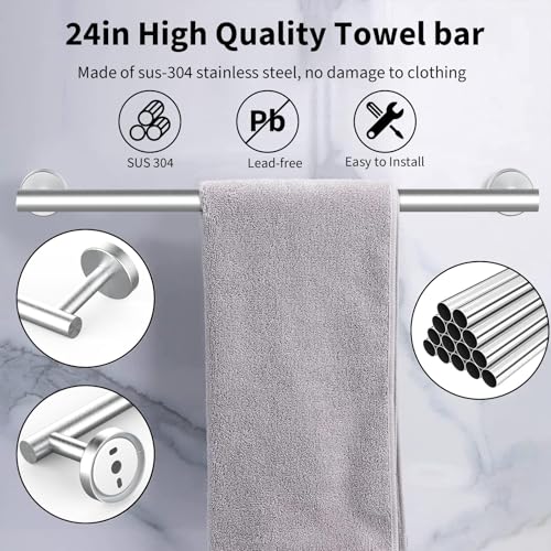 Newfun 10-Pieces Brushed Nickel Bathroom Hardware Set 24 Inch | Includes 24 Inch Towel Racks for Bathroom Wall Mounted, Toilet Paper Holder, Towel Hooks, Towel Rings for Bathroom Wall - color: Brushed Nickel-ring