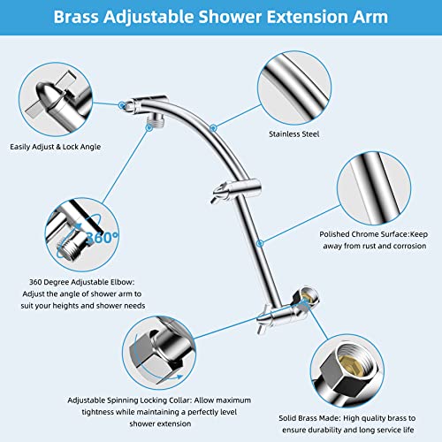 Hibbent All Metal 16'' Shower Head Extension Arm, Chrome | Solid Brass Adjustable Shower Arm with Lock Joint, Flexible Height & Angle, Universal Connection Shower Head Extender - color: Chrome, size: 16 Inch