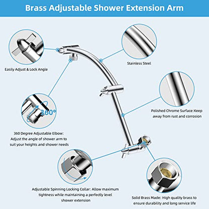 Hibbent All Metal 16'' Shower Head Extension Arm, Chrome | Solid Brass Adjustable Shower Arm with Lock Joint, Flexible Height & Angle, Universal Connection Shower Head Extender - color: Chrome, size: 16 Inch