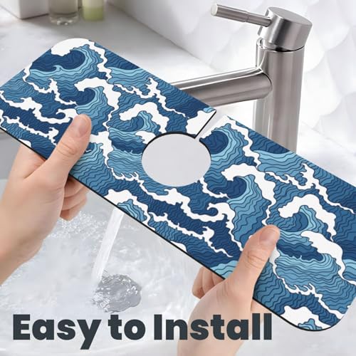 Japanese Wave Kanagawa Blue And White Waves Japan Kitchen Sink Splash Guard Faucet Mat Super Absorbent Fast Drying Mat Sink Gadgets-Fast Drying Pad Sink Mat For Kitchen Bathroom (15" X 5.5" ) - color: Japanese Wave
