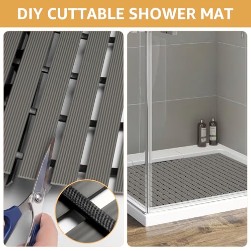 Yolife PVC Large Shower Mat, 35.4 × 24 Inch Non Suction Cup Non Slip Shower Floor Mat, Easy to Cut & Curlable Stand Up Shower Stall Mat, Heavy Duty Bath Shower Mats for Inside Shower - color: Grey