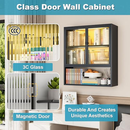 Metal Medicine Cabinet with Glass Doors, Space Saver Bathroom Cabinets Wall Mount with 2 Sense Lights, 23.6"W x 27.6"H Restroom Closet, 3-Tier Wall Cabinet for Bathroom Laundry Room Kitchen - color: Black, style: Classic