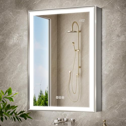 24x32 Lights Medicine Mirror Cabinet, Beveled Brushed Nickel Frame | Lighted Aluminum Bathroom Cabinet, Surface or Recessed Mount, Dimmable 3 Color Temp, Defog, Outlet, Clock, Sensor Inner Light - size: 24x32''(Right Hinge)