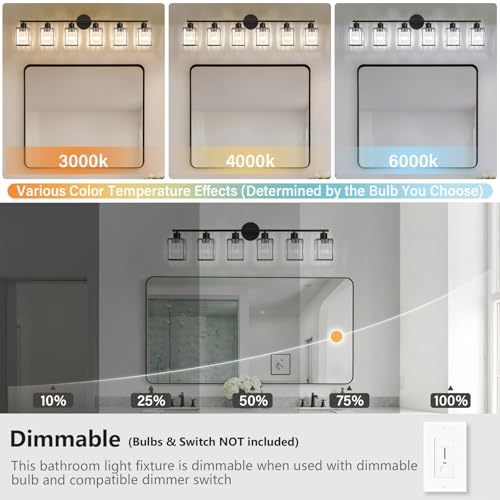 6 Light Bathroom Light Fixtures, Modern Crystal Vanity Lights over Mirror | Metal Frame, Bathroom Light with Square Crystal Shade, ETL Certified, E26 Ceramic Socket, Bulbs Not Included - color: Black, size: 6-Light