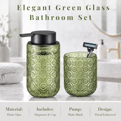 Bathroom soap Dispenser and Toothbrush Holder Set | Bathroom Accessories 2 pack cup and toothpaste holder green glass - color: Sage Green