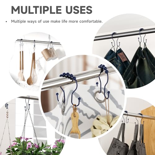 Bathway Shower Curtain Hooks, Shower Curtain Rings Rust Proof Navy Blue Double Hook Shower Curtain Hooks, 12 Pcs Shower Hooks for Shower Curtain, Shower Rings for Curtain, Metal Shower Rod Hooks - color: Navy Blue