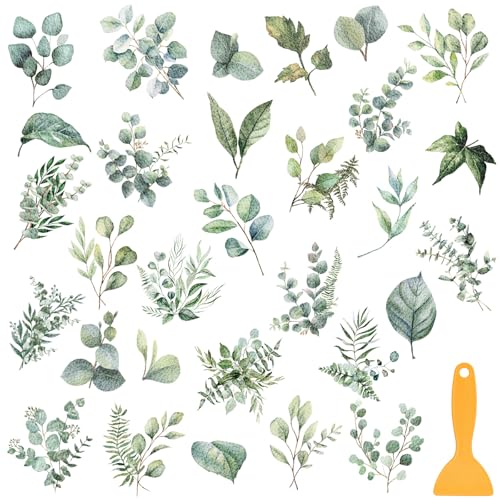 Fullhawl 30 Pcs Eucalyptus Non Slip Bathtub Stickers Green Eucalyptus Anti Slip Shower Stickers Shower Floor Nonslip Sticker Applique Adhesive Decals Treads with Scraper for Bathtub Bathroom Floor - style: Eucalyptus
