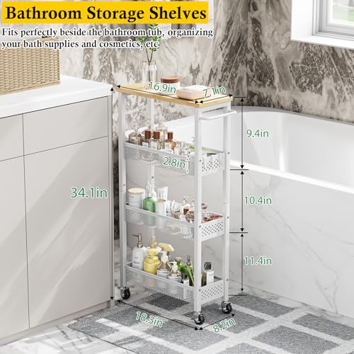 OKZEST Slim Laundry Room Organization Cart with Upgraded Metal Hub Casters | Fits between washer & dryer, 4-Tier space-saving narrow rolling cart, Premium wood top & metal mesh shelf, with handle & hook - color: White, size: 7.1 Inch Wide