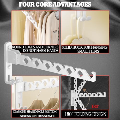 Dr.DJ Wall Mount Coat Hanger Holder White Clothes Drying Organizer Rack Garment Hooks Aluminium Retractable Folding Indoor Wall Mounted Hanger for Laundry Room Bedroom White 2Pack with 80cm Rod - color: White 2racks+rod