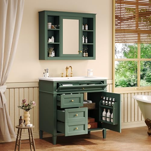 Marzzi 36" Bathroom Vanity Set with Matching Mirror Medicine Cabinet | Modern Single Sink Bathroom Vanity with Storage Cabinet, 2 Drawers & Tip-Out Drawer, Medicine Cabinet, Solid Wood Frame - color: Green, size: 36"