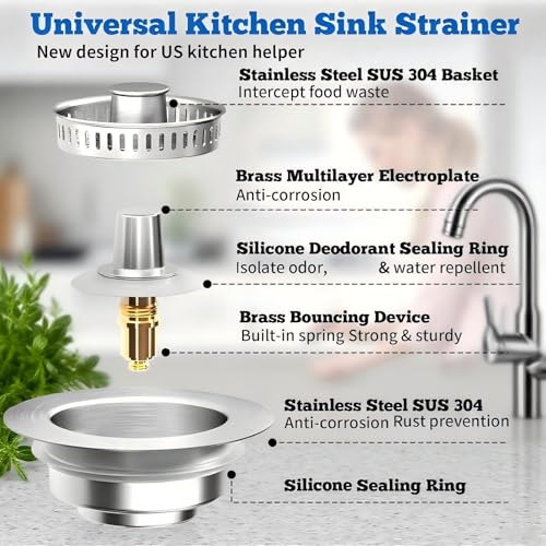 Kitchen Sink Drain Strainer Stopper,Fits 3-1/2 Inch | 3-in-1 pop-up sink stopper catches food scraps,holds water,and helps seal the drain,2 Pack