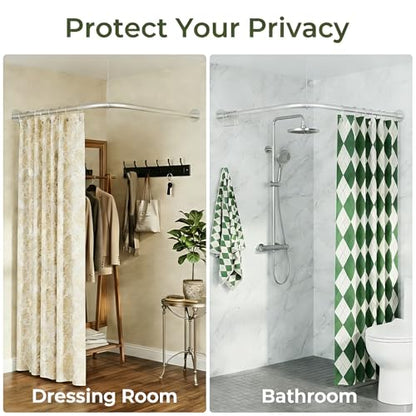 L Shaped Shower Curtain Rod, Adjustable 23.81"-53.15"x23.81"-53.15" Silver | Corner Shower Curtain Rod, 90 Degree, 12 Curtain Rings, for Bathroom Bathtub Clothing Store & Ceiling Support, Need to Drill
