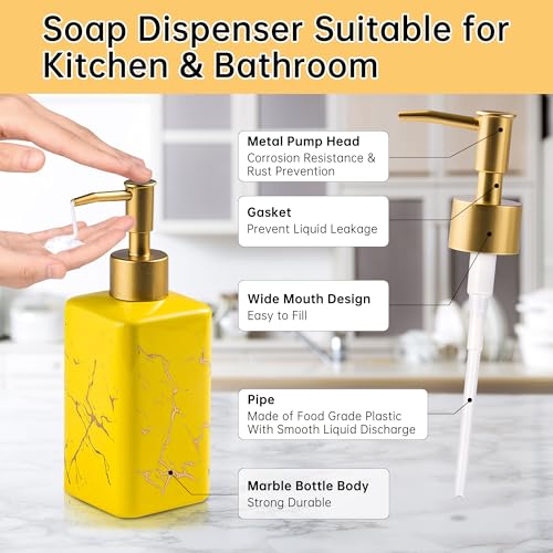 Gold Soap Dispenser for Bathroom Countertop, Square Yellow Dish Soap Dispenser Pump Bottle with Golden Stripes for Kitchen Sink Laundry Shower Lotion, Ceramic Hand Dispenser Pump for Soap Liquid - color: Yellow