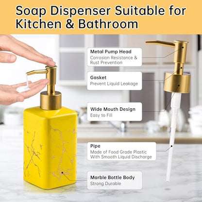 Gold Soap Dispenser for Bathroom Countertop, Square Yellow Dish Soap Dispenser Pump Bottle with Golden Stripes for Kitchen Sink Laundry Shower Lotion, Ceramic Hand Dispenser Pump for Soap Liquid - color: Yellow