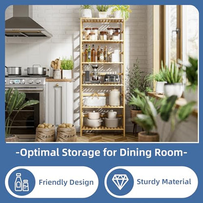 HITNET Bamboo Shelf, 6-Tier Adjustable Tall Open Bookcase, Bathroom Storage Rack Freestanding Shelving Unit, Plant Display Stand for Small Space, Natural - color: Natural