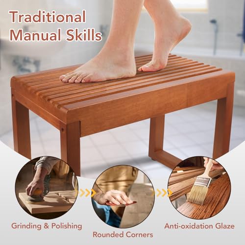 Wide Teak Shower Bench 23.6” – Heavy Duty 500 lbs Wooden Bath Stool, Comfortable Shower Seat for Shaving Legs & Elderly - size: Large