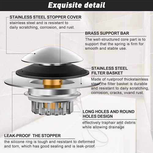 Bathtub Drain Stopper, Pop-Up Tub Drain Hair Catcher, Universal Bath Tub Drain Plug & Cover for 1.45-1.8 Inch Drain Holes, Replaces Lift & Turn, Tip Toe, or Trip Lever, Silver Finish (1)