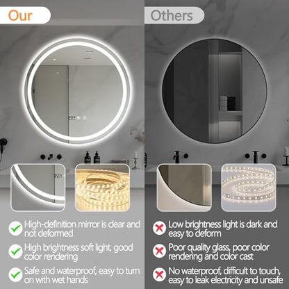 24" Round LED Bathroom Mirror with Anti-Fog & Touch Switch - 60x60cm Wall-Mounted Makeup Vanity Mirror, No Drilling Required, Smart Display Bathroom Mirror - size: 24"L x 24"W