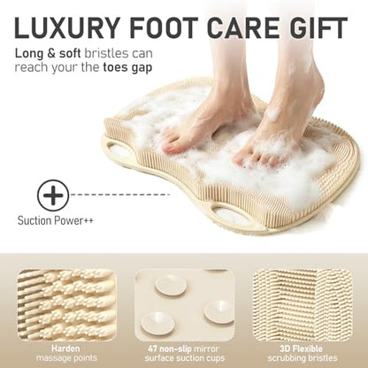 XL Shower Foot Scrubber Mat, Silicone Feet Massage Scrubber in Shower Clean Foot Toes Pad without Bending Non-slip Suction Cups Blood Circulation Exfoliate Smooth Achy Relief 17.4*13.4" Beige - color: 17.4*13.4" Beige