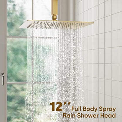 ESNBIA Gold Shower Head System, All Metal 12 Inches Ceiling Shower Faucet Set with Valve, Rain Shower Head with Handheld Spray Combo, Brushed Gold - color: Brushed Gold, size: 12 Inch