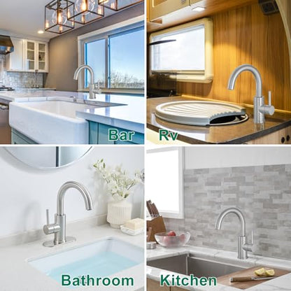 VOTON Small Kitchen Bar Sink Faucet Brushed Nickel, 360 Swivel with Drain | 360° Swivel | Brushed Nickel | Lead-Free Stainless Steel | Pop-Up Drain | 1/3 Hole Install | Anti-Splash - color: Brushed Nickel