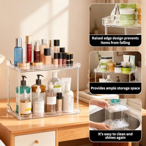 2 Tier Acrylic Bathroom Organizer Countertop Vanity Tray | Clear Corner Makeup Storage Counter, Perfume Holder, Bedroom Kitchen Living Room Space Saving Storage Solution