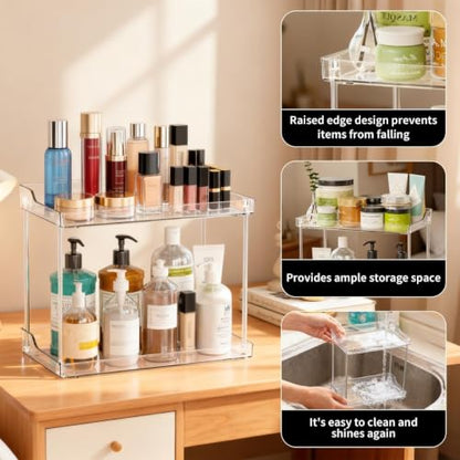 2 Tier Acrylic Bathroom Organizer Countertop Vanity Tray | Clear Corner Makeup Storage Counter, Perfume Holder, Bedroom Kitchen Living Room Space Saving Storage Solution