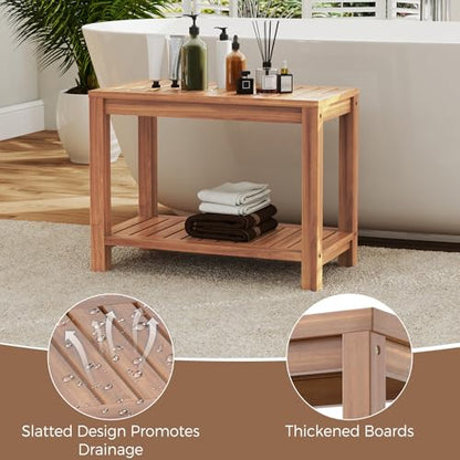 Giantex Teak Shower Bench with Shelf, 24 Inch Shower Stool with Slatted Seat for Elderly Seniors, Waterproof Bathroom Spa Bathing Seat Foot Rest Entryway Bench for Indoor and Outdoor Use - size: 24" x 12.5" x 18"