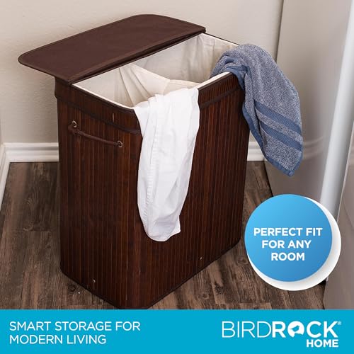 BirdRock Home Double Laundry Hamper with Lid and Cloth Liner | Bamboo | Espresso | Easily Transport Laundry Basket | 2 Section Collapsible Hamper | String Handles