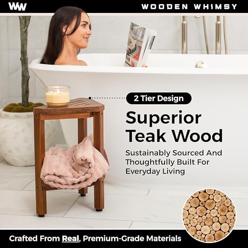Teak Corner Shower Bench with Matching Soap Holder - Sturdy Waterproof Bathroom Stool Chair with Storage Shelf for Bathing Supplies - Bath Seat and Foot Rest for Shaving Legs - 15" x 15" x 18"