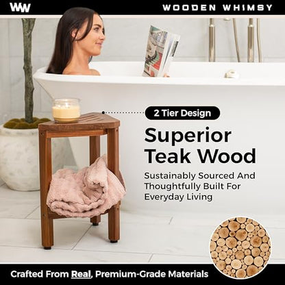 Teak Corner Shower Bench with Matching Soap Holder - Sturdy Waterproof Bathroom Stool Chair with Storage Shelf for Bathing Supplies - Bath Seat and Foot Rest for Shaving Legs - 15" x 15" x 18"