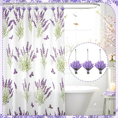 12 Pcs Lavender Shower Curtain Hooks Purple Floral Decorative Hooks Rings Bulk Cute Hanger Stainless Steel Resin Spring Flower Themed Shower Hook for Bathroom Bedroom Home Living Room Decor - style: Lavender