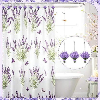 12 Pcs Lavender Shower Curtain Hooks Purple Floral Decorative Hooks Rings Bulk Cute Hanger Stainless Steel Resin Spring Flower Themed Shower Hook for Bathroom Bedroom Home Living Room Decor - style: Lavender