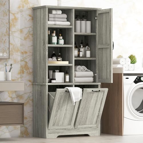 JIVOIT Bathroom Storage Cabinet with Doors and Drawers, Modern 68''H Tall Wood Cabinet with Multiple Storage Space, Three Adjustable Shelf, Open Shelve, Metal Handles (Oak * 149) - color: Oak * 149