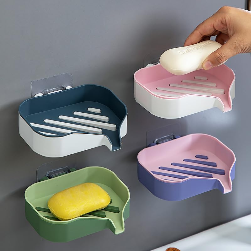 1pc Double Layer Soap Dish Wall Mounted Bathroom Soap Holder with Drain Holes Creative Color Matched Design Adhesive No Drill Installation (Pink Purple)