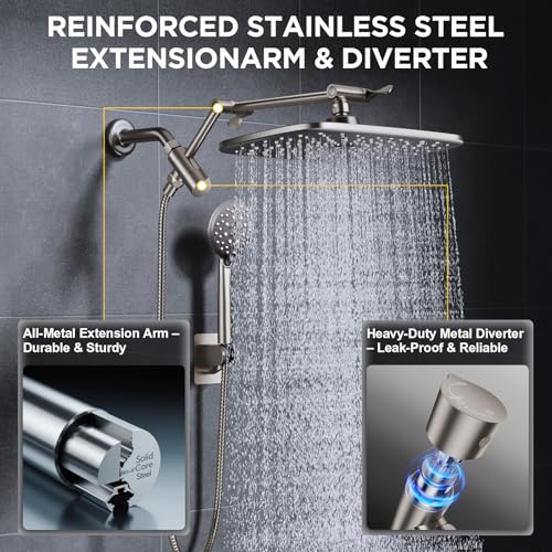 Veken Brushed Nickel 11.8" Shower Head with Handheld,Stain Resistant Finish | Handheld Shower Head with Multi Spray Modes,Rainfall Combo with 15" Metal Extension Arm,Detachable Dual Shower,Regaderas Para - color: Brushed Nickel, size: 11.8 Inch High Press