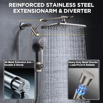 Veken Brushed Nickel 11.8" Shower Head with Handheld,Stain Resistant Finish | Handheld Shower Head with Multi Spray Modes,Rainfall Combo with 15" Metal Extension Arm,Detachable Dual Shower,Regaderas Para - color: Brushed Nickel, size: 11.8 Inch High Press