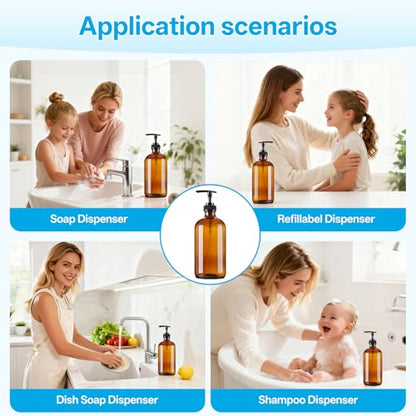 GIVAMEIHF Amber Glass Dispenser Bottles 2-Pack, 16oz Refillable Amber Glass Soap Dispenser with Pump, Brown Glass Containers for Kitchen & Bathroom - Dish Soap,Lotion,Shampoo,Conditioner & Body Wash