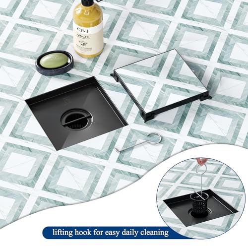 Neodrain 6 in Black Square Shower Drain with Removable Tile Insert Grate | 304 Stainless Steel Tile Square Drain, Hidden Drain,Easy to Clean, Waterproof & Sturdy Shower Drain, CUPC Certified - color: Matte Black, size: 6 IN