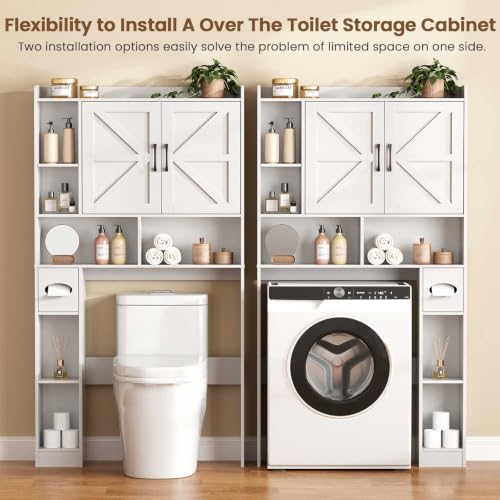 Vabches Over The Toilet Storage Cabinet with 2 Barn Doors, White | Toilet Paper Holder Stand，Home Space-Saving Toilet Rack, for Bathroom, Restroom, Laundry - color: White
