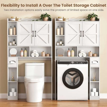 Vabches Over The Toilet Storage Cabinet with 2 Barn Doors, White | Toilet Paper Holder Stand，Home Space-Saving Toilet Rack, for Bathroom, Restroom, Laundry - color: White