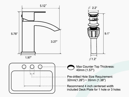 CREA Matte Black Waterfall Bathroom Faucet 1 Hole Single Handle Bathroom Sink Faucet with Pop Up Drain,Stainless Steel RV Vanity Faucet Basin Mixer Tap 3 Hole Plate Water Supply Line - color: Matte Black, style: Rectangular Spout