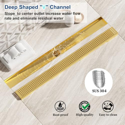 Neodrain 30" Linear Shower Drain, Gold 304 SS Bathroom Linear Drain,cUPC | Gold Shower Drain with Quadrato Grate& Adjustable Feet, Long Rectangle Shower Floor Drain in Bathroom, Balcony etc - color: Golden, size: 30 In