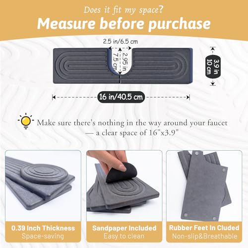 Kitchen Faucet Absorbent Mat with U-Shape Hole, 16" Diatomaceous Earth Splash Guard for Sink Faucet, Aesthetic Water Absorbing Stone Tray Draining Mat for Modern Home, Gift for Girlfriend, Dark Grey - size: 16" x 3.9"