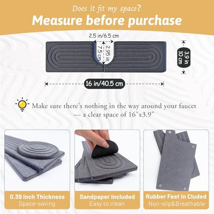 Kitchen Faucet Absorbent Mat with U-Shape Hole, 16" Diatomaceous Earth Splash Guard for Sink Faucet, Aesthetic Water Absorbing Stone Tray Draining Mat for Modern Home, Gift for Girlfriend, Dark Grey - size: 16" x 3.9"