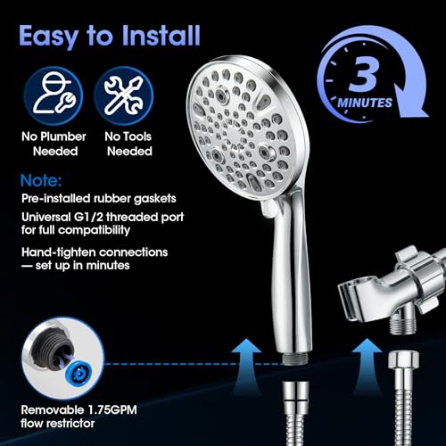 Shower Head with Handheld, High Pressure 10 Spray Built-in Pause & Power Wash, Anti-clog Nozzles, Detachable Hand Held Showerhead with Leakproof Stainless Steel Hose&Adjustable Overhead Bracket Chrome - color: Premium Chrome