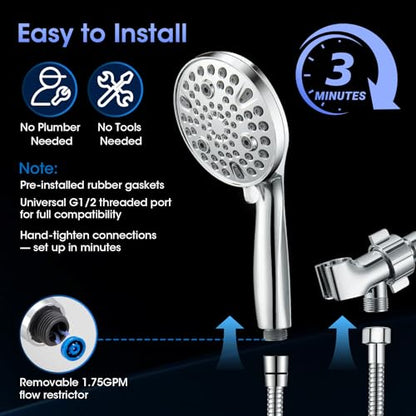 Shower Head with Handheld, High Pressure 10 Spray Built-in Pause & Power Wash, Anti-clog Nozzles, Detachable Hand Held Showerhead with Leakproof Stainless Steel Hose&Adjustable Overhead Bracket Chrome - color: Premium Chrome