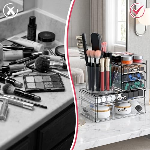 ShineMe Acrylic Makeup Organizers, 2 Tier Stackable Cosmetic Organizer for Vanity with 360° Rotating Makeup Brush Holder & 5 Drawers, Clear Hair Accessory Organizer Countertop for Dresser, Bathroom - size: 2tires, 5 drawers