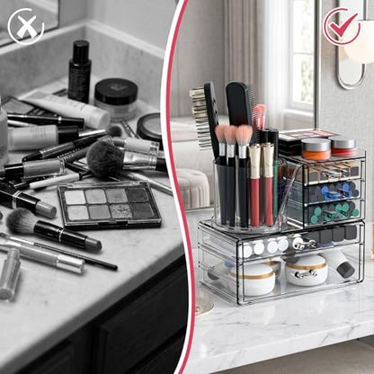 ShineMe Acrylic Makeup Organizers, 2 Tier Stackable Cosmetic Organizer for Vanity with 360° Rotating Makeup Brush Holder & 5 Drawers, Clear Hair Accessory Organizer Countertop for Dresser, Bathroom - size: 2tires, 5 drawers